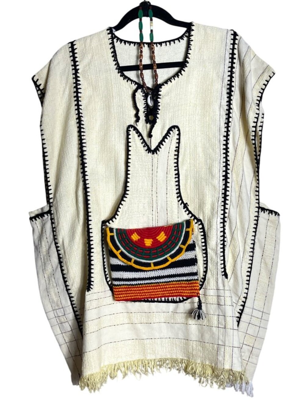 Unique Handmade Camaroon Tunic African Mudcloth Pockets Necklace Unisex Mens